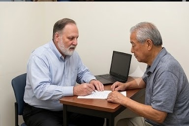 Donald E. Barbour reviewing Medicare options with a client